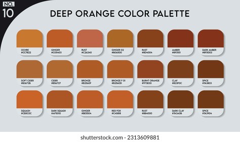 Deep Orange Color Guide Palette with color Names. Catalog Samples Orange with RGB HEX codes and Names. Metal Colors Orange Vector, Wood and Plastic Brown Color Palette, Fashion trend Colors