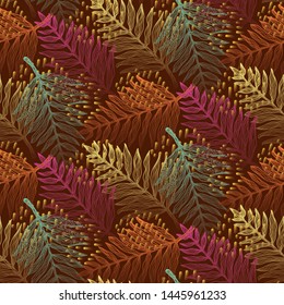 Deep orange, red and blue colors seamless pattern with tropical leaves. Magic autumn warm colors elegant vector exotic fern leaf texture for textile, wrapping paper, surface, cover, background