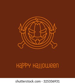 Deep orange round emblem with bats and bones and pumpkin in the middle in outline style, vector