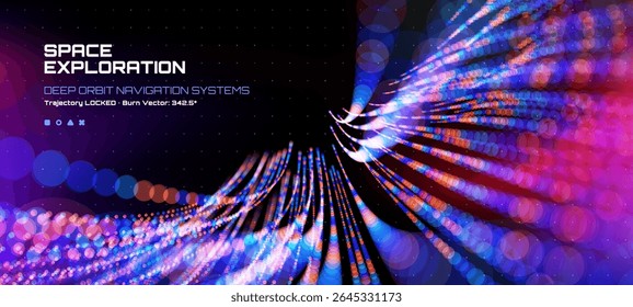 O conceito de sistema de navegação em órbita profunda mostra uma exploração espacial cósmica com visualização de dados digitais. Gráficos vetoriais. 