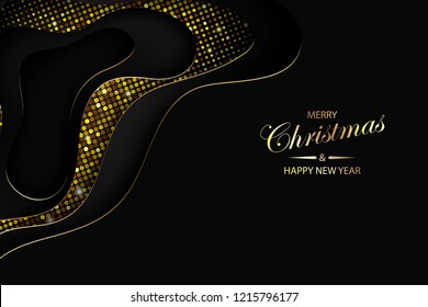 Deep paper art cartoon black abstract waves. Christmas and new yeaar paper carve background. Modern origami design template. Vector illustration. 3d paper layers, waves with golden halftone dots