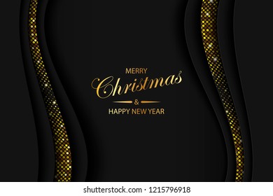Deep paper art cartoon black abstract waves. Christmas and new yeaar paper carve background. Modern origami design template. Vector illustration. 3d paper layers, waves with golden halftone dots