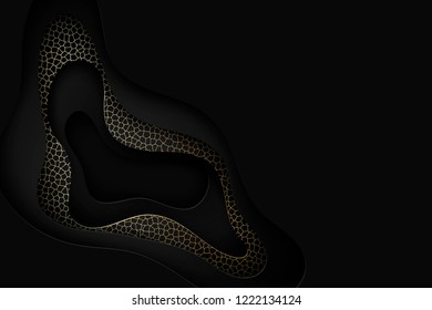 Deep paper art cartoon black abstract waves. Paper carve background. Modern origami design template. Vector illustration. 3d paper layers, waves with golden ornament