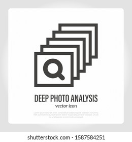 Deep photo analysis thin line icon. Stack pf photos with magnifier, Mobile technology. Artificial Intelligence for optimization quality of photograph. Vector illustration.