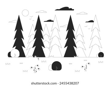 Deep pine forest black and white cartoon flat illustration. Wanderlust leisure. Fir trees growing near grassy glade 2D lineart objects isolated. Discovery nature monochrome scene vector outline image
