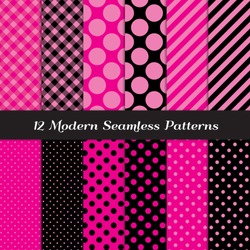 Deep Pink, Pink And Black Jumbo Polka Dot, Gingham And Stripes Patterns. Perfect For Girls Monster Party Or Pink Paris Party Or Bachelorette Party. Pattern Swatches Made With Global Colors.