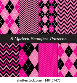 Deep Pink, Pink and Black with White Accent Lines Chevron and Argyle Patterns. Perfect for Girls Monster party or Pink Paris party or Bachelorette party. Pattern Swatches made with Global Colors.