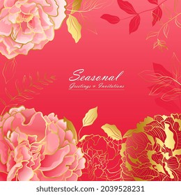 Deep pink floral square card with peony flowers and golden line in an Asian color palette. Botanical decor for web ans social networks and greeting decor