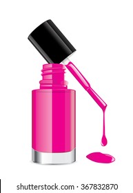 Deep pink nail polish in clear bottle which put the bottle lid on top and have some blot drop on floor.