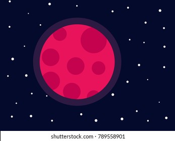 A deep pink planet with craters floating among the stars.