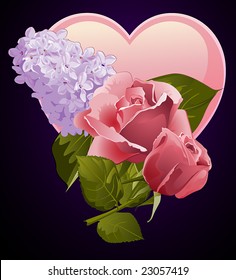 deep pink roses, lavender colored lilacs, and a heart symbol; especially for valentine's day