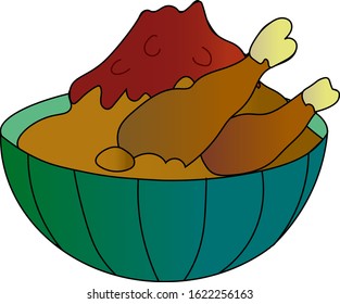 Deep plate with mashed potatoes and gravy chicken.