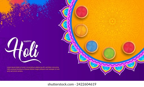 Un fondo violeta profundo adornado con una mandala espiritual que crea un ambiente armonioso. Seis cuencas vibrantes llenas de polvos de color natural, simbolizando los tonos tradicionales del Holi