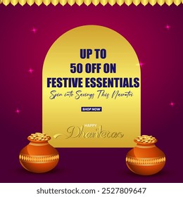  A deep purple background, golden arched frame with UP TO 50 OFF ON FESTIVE ESSENTIALS Spin into Savings This Navratri and two clay pots overflowing with gold coins for Dhanteras