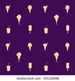 Deep purple background with pattern of iced snacks and drinks - ice creams and lollies