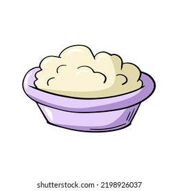 Deep purple ceramic plate with cottage cheese, vector illustration in cartoon style on a white background