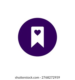 a deep purple circle icon featuring a white bookmark ribbon with a heart symbolizing favorites saved items wishlist and loved content for modern reading and app interface design