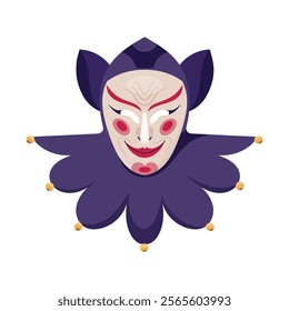 Deep purple jester carnival mask adorned with bells and jabot. Dramatic joker-style masquerade mask for Mardi Gras. Venetian party clown face covering. Festive flat vector illustration isolated