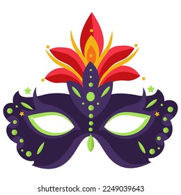 Deep purple masquerade mask with red feathers. Mardi Gras costume element.  For Carnival Birthday party.