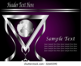 A deep purple and Silver Business card or Background Template with a world globe enclosed by a silver triangle