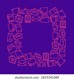Deep purple square background enclosed by a symmetric rectangular frame of dense outline business accessories and workplace instruments.