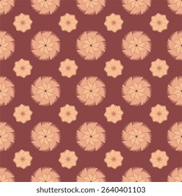 Deep red background with beige and warm yellow symmetrical floral pattern. A bold and rich floral design with a cozy, fall-inspired color scheme.