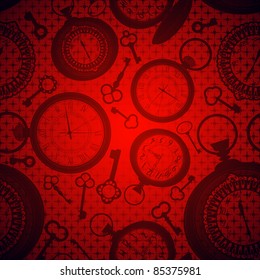 Deep red background with clocks and keys silhouettes