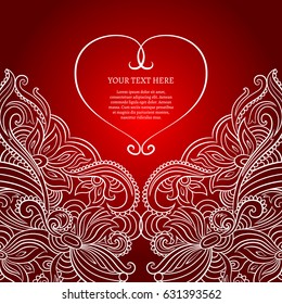 Deep red background with hearts and symmetric ornament. Decor for your design, frame for your text