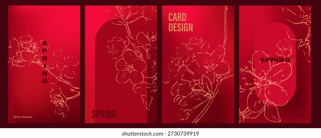 Tarjetas rojas profundas con ramas de cerezo dibujadas a mano. Flores de Sakura. Diseño de tarjeta de lujo.
