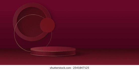 Deep red circular platform with trim and golden ring decor on dark maroon background. Geometric composition with product podium and round shapes. Studio display setup for premium goods presentation.