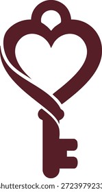 Ein tiefer roter Schlüssel mit einem herzförmigen Bogen und einem einfachen Zahn, gezeichnet als fette grafische Silhouette.