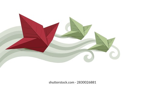 Deep red origami leaf leading two green folded paper leaves over wavy cut paper background elements; 3D craft illustration of autumn foliage blowing in wind on white.