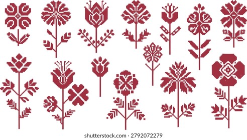 Deep red pixel art flower set showcasing traditional cross stitch style botanical illustrations isolated on white backdrop