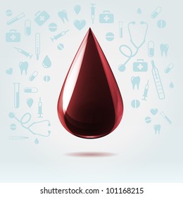 Deep red realistic blood drop hanging in space on medical icons set background pattern