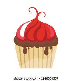 
Deep red romantic cupcake with the chocolate syrup on it symbolizing red velvet cupcake 
