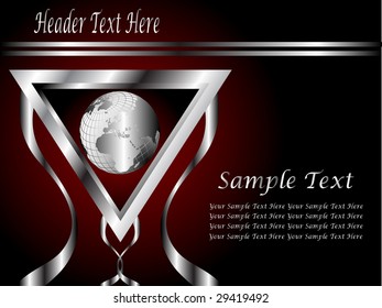 A deep red and Silver vector Business card or Background Template with a world globe enclosed by a silver triangle