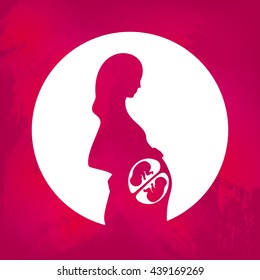 Deep red watercolor silhouette of pregnant woman in a white circle. Multiple pregnancy. Dizygotic twins (embryos).  Design element for pregnancy theme. Maternity, motherhood, baby.