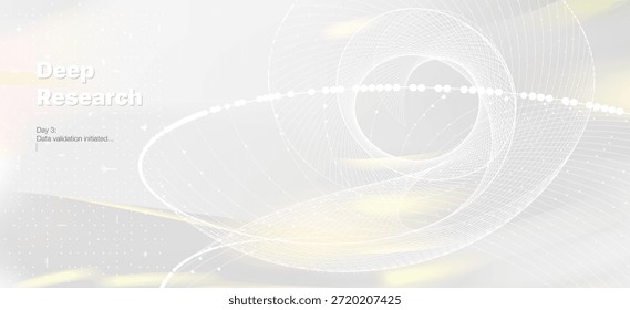 Deep research concept with abstract white wireframe spiral representing big data analysis and scientific dna evolution. Futuristic technology vector background for medical innovation.