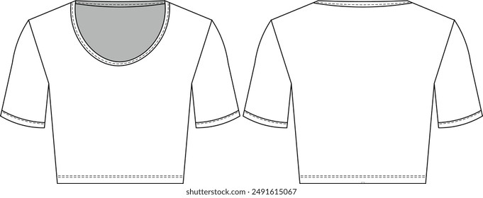 deep round neck crew neck short sleeve elastic fit cropped crop blouse top t-shirt tee template technical drawing flat sketch cad mockup fashion woman design style model 