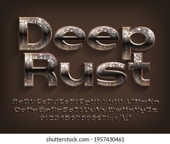 Deep Rust alphabet font. Messy beveled letters, numbers and punctuations. Uppercase and lowercase. Stock vector typescript for your design.