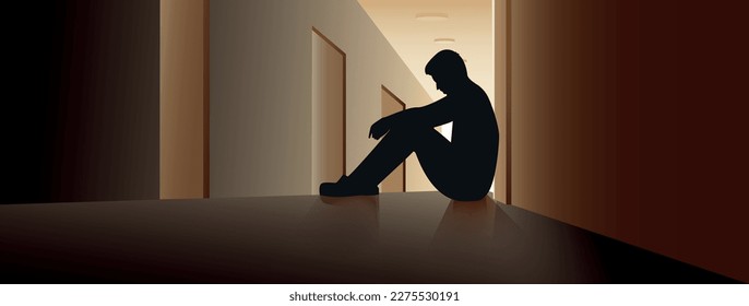 Deep sadness for long time, upset or feels lonely for long time is causes of a depressive disorder.  A sad or upset man feels lonely in an empty dark corridor.