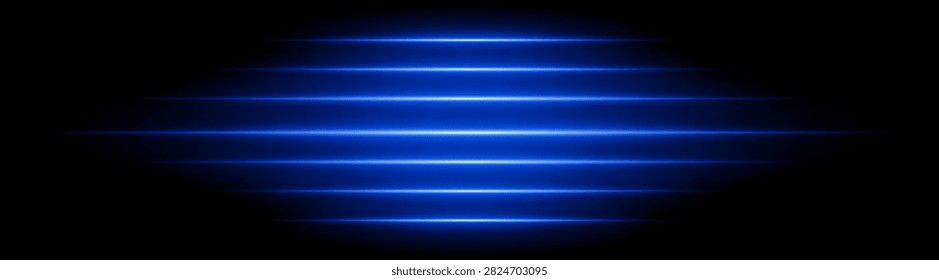 Deep sapphire multi-beam glow. Horizontal luminous rays stretch from intense oval core across pure void, layered haze produces floating illumination effect for abstract digital graphics.