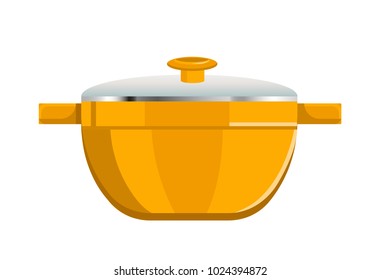 Deep saucepan with glass cover and yellow corpus. Modern bright kitchenware for cooking. Shiny pan with pair of handles isolated vector illustration.