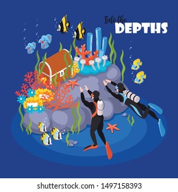 Deep scuba diving adventure isometric composition of ocean bottom with fish coral reef treasure chest vector illustration 