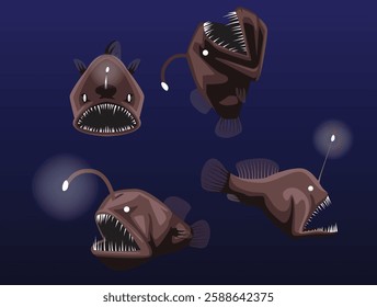 Deep Sea Anglerfish Creepy Cartoon Character Vector Poses