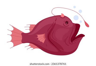 Deep sea anglerfish. Underwater monkfish predator, marine fauna living at bottom of ocean flat vector illustration. Angler fish with flashlight on head