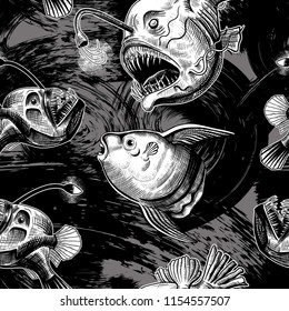 
Deep sea anglers and the moon fish. Vector seamless pattern on dark gray background with expressive strokes. Hand-drawn illustration in vintage style.
