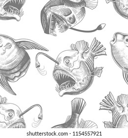 
Deep sea anglers and the moon fish. Vector seamless pattern on a white background. Hand-drawn illustration in vintage style.