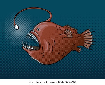 Deep sea animal fish with flashlight on head pop art retro vector illustration. Underwater life. Color background. Comic book style imitation.