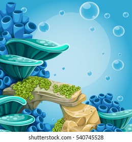 Deep sea blue background with actin and corals. Blue banner for your text